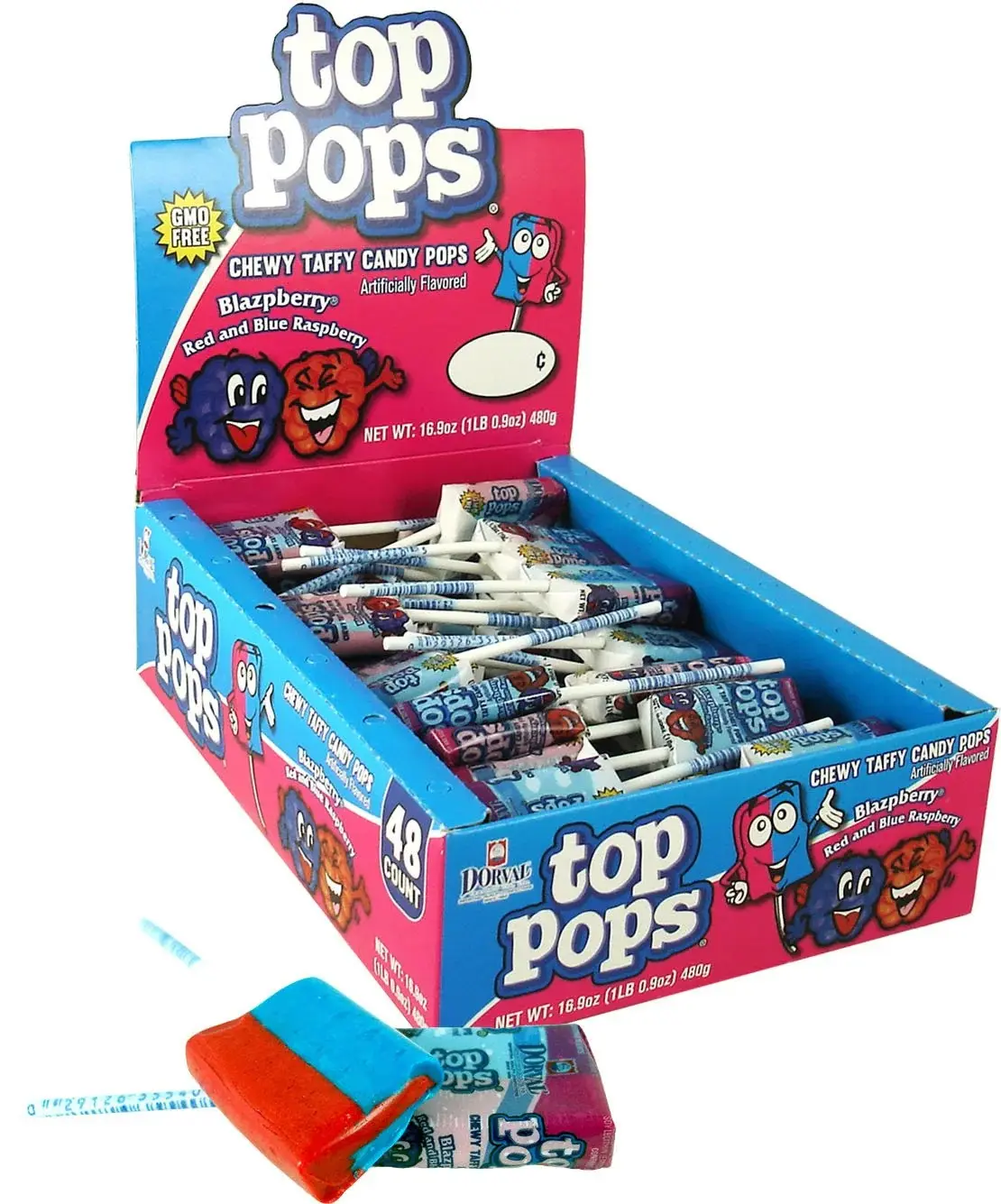 Top Pops Blue Raspberry Fruity Lollipops - 48-Count Individually Wrapped Sweet Candy Snacks, Lollipop