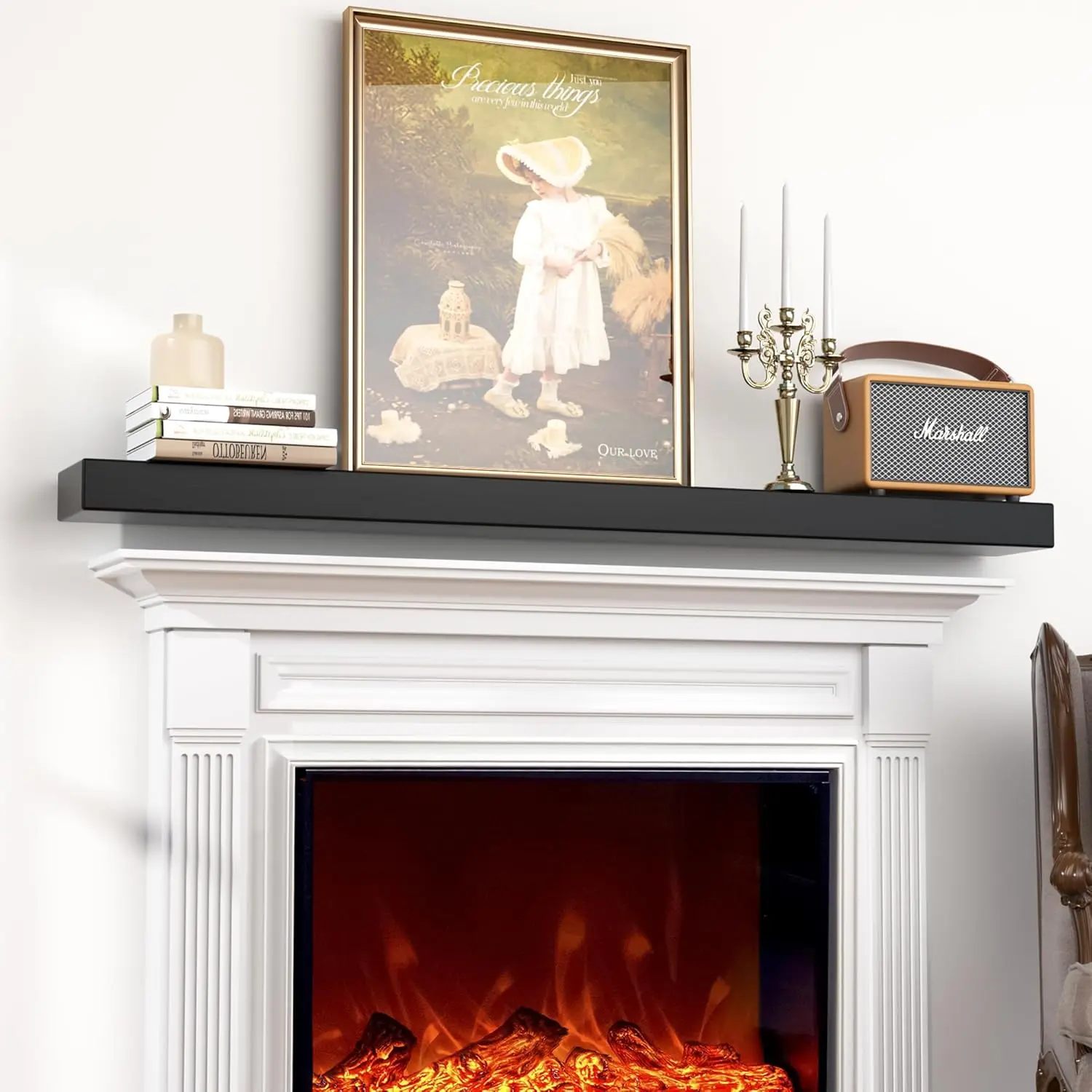 Fireplace Mantel Shelf 36 Inch, Handcrafted Floating Mantel Shelf for Over Fireplace, Black Wall Mounted Shelf with Invisible Wooden Bracket, Wooden Shelving for Wall Decor Living Room Bedroom
