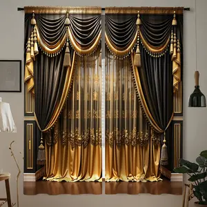 Elegant Curtains with Golden Fringe Trim, Lavish Curtains, Luxury European Palace Style, Long Stacked Curtain Heads, Privacy Protection