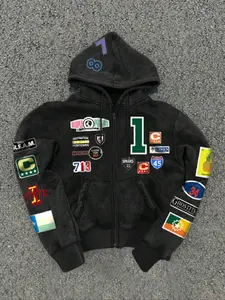 TikTok Viral Patchwork, Geometric, Graphic Zip-Up Hoodie, Sweatshirts, Long Sleeve, Black, Oversized, Streetwear Essential for Y2K & Retro Aesthetic, Bold Casual Outfits with Mixed Logo Details, Trendy Looks