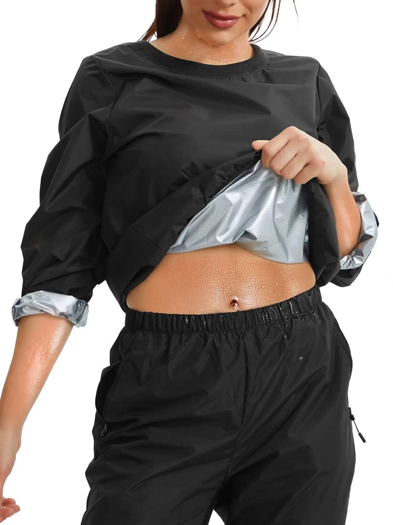 Women's Round Neck Long Sleeve Sauna Top, Casual Sporty Waterproof Sweat-enhancing Pullover for Gym Workout Running, Gym Clothing, Athletic Clothes,