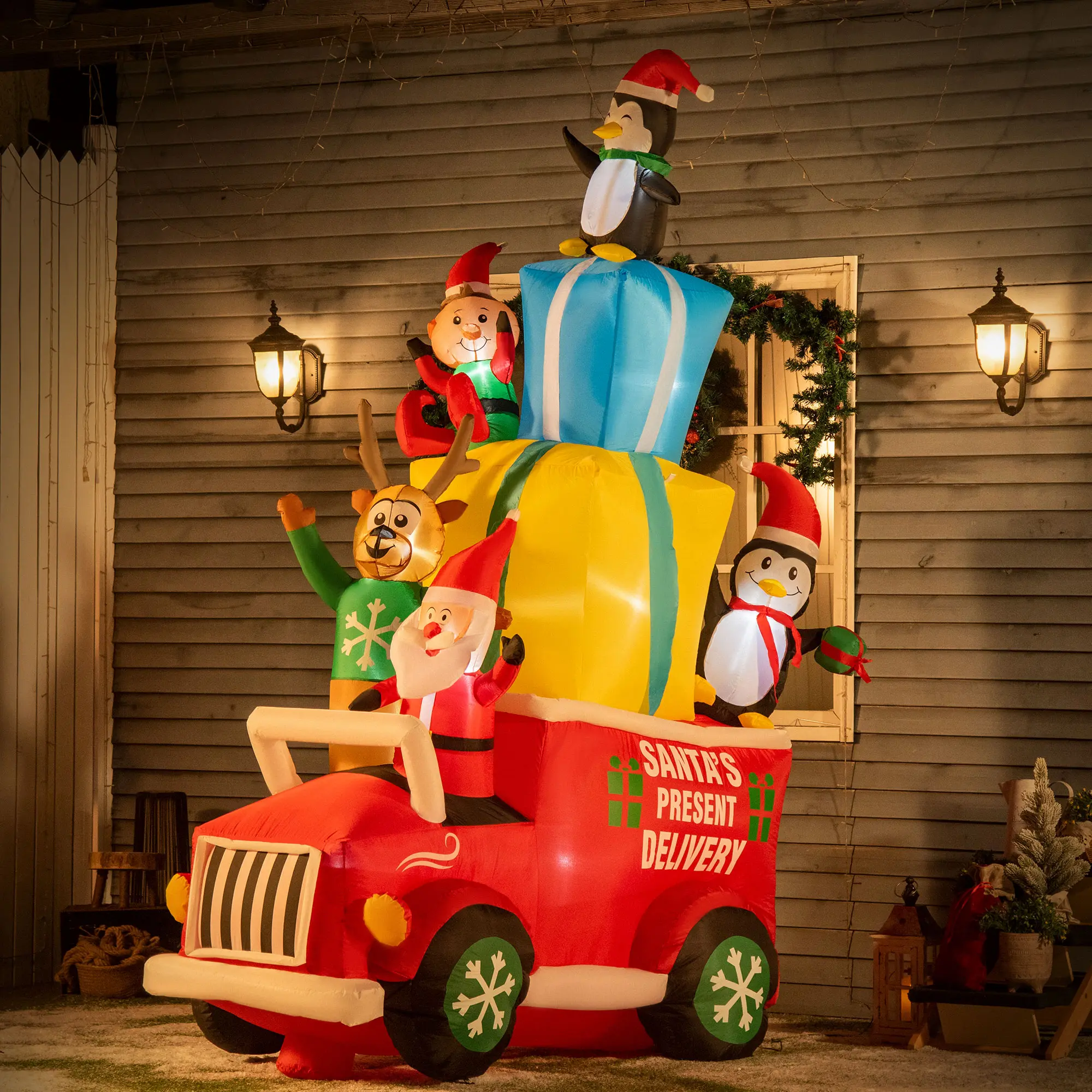 9ft Outdoor Christmas Inflatable Decor - Santa Claus Driving Gift Car with Elk, Elf, 2 Penguins, LED Blow-Up Garden & Lawn Decor
