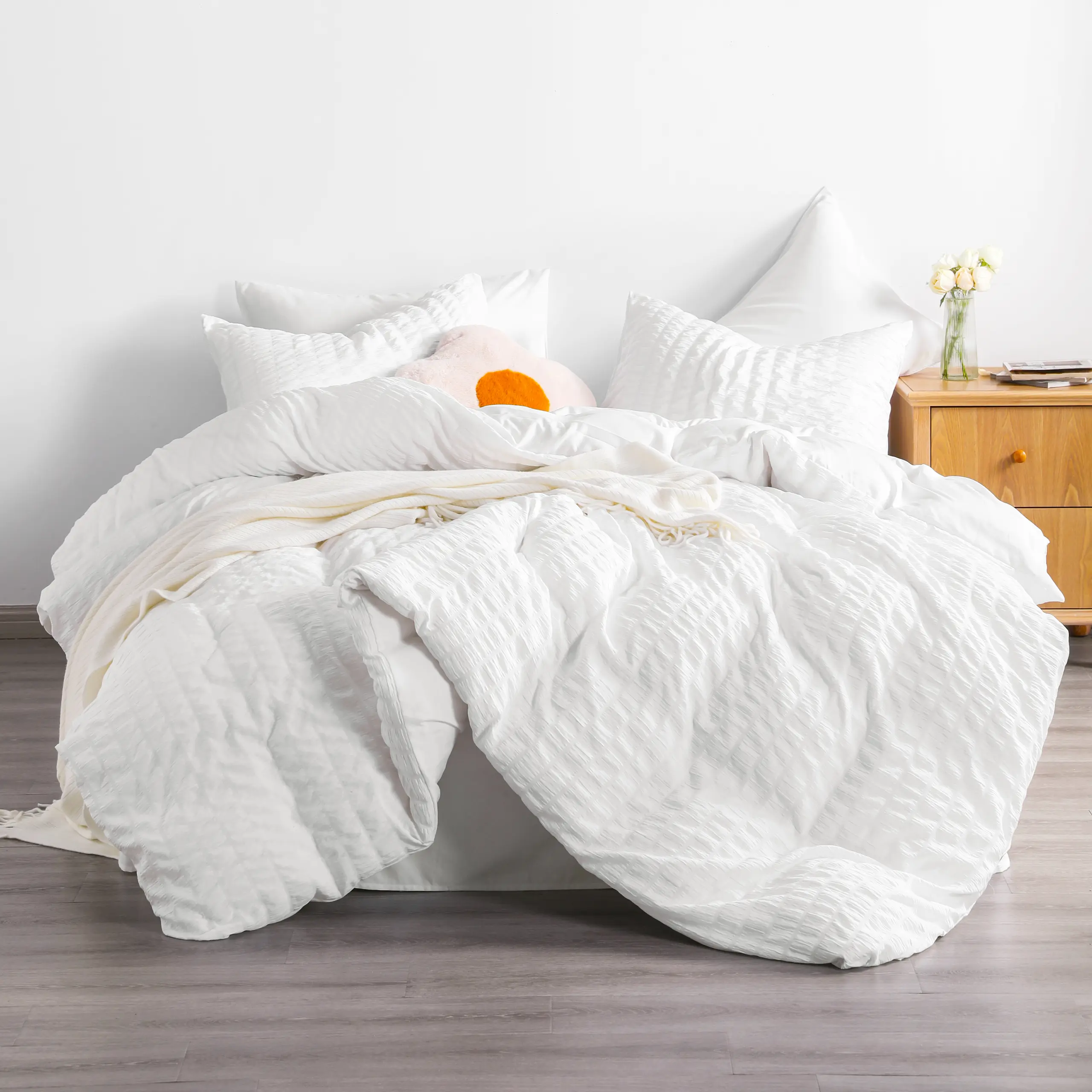 [ Summer Sale Deals ]NTBAY 3 Pieces Bubble Gauze Duvet Cover Sets, Seersucker Textured Solid Stripe Soft Breathable Cozy Fluffy Microfiber Textured Bedding Sets with Zipper Closure Corner Ties including 1 Duvet Cover & 2 Pillowcases, Machine Washable