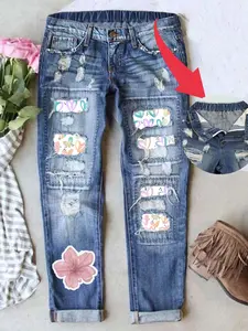 Women's Boyfriend Style Jeans Valentine's Day Distressed Look Heart and Flower Print Loose Fit Elastic Waistband for All Seasons