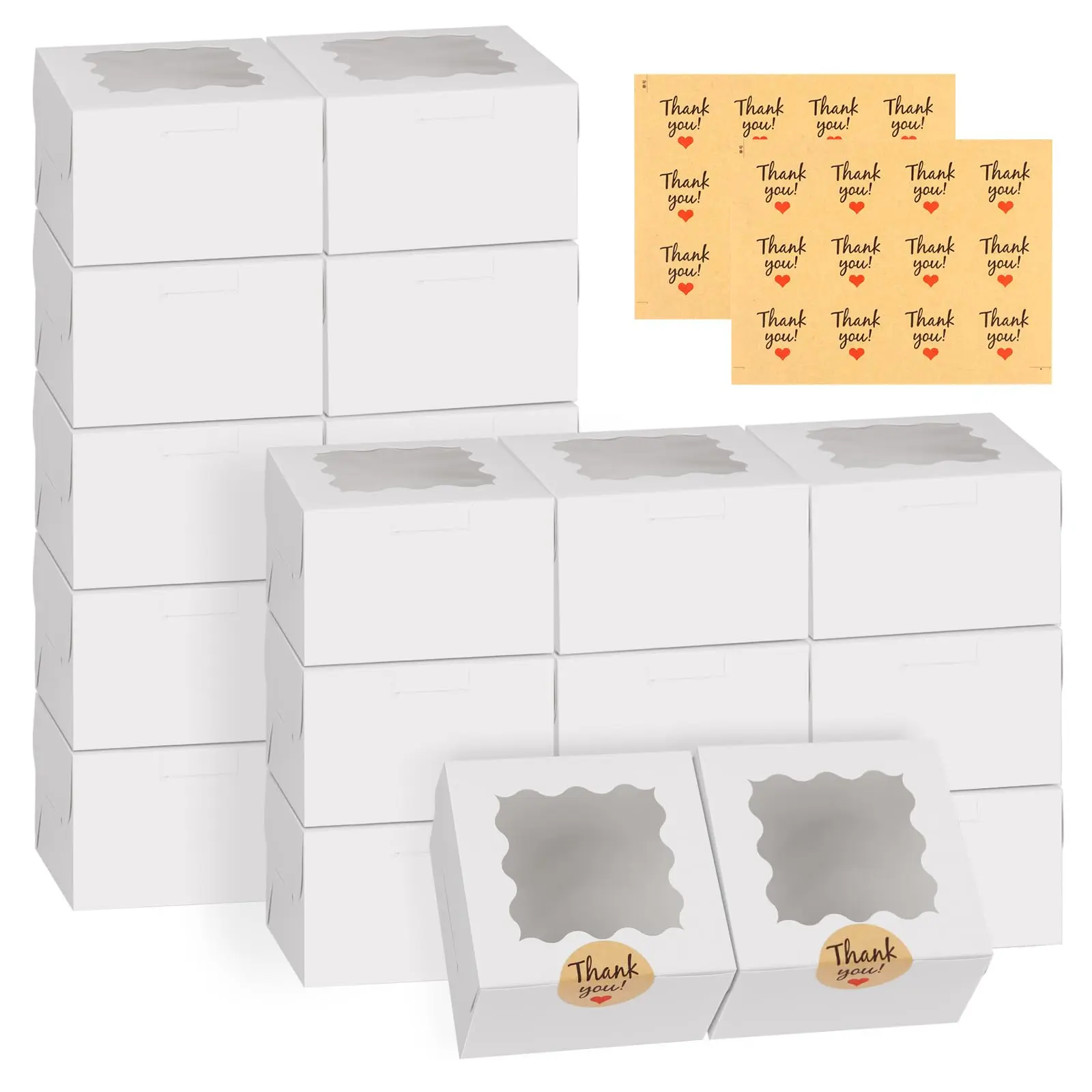 24 Pack White Treat Boxes with Window, 4x4x2.5 Inch Bakery Gift Boxes for Cookies, Mini Cakes, Donuts, Macarons, Chocolate Covered Strawberries, Candy, Pastries and Desserts, Includes Thank You Labels