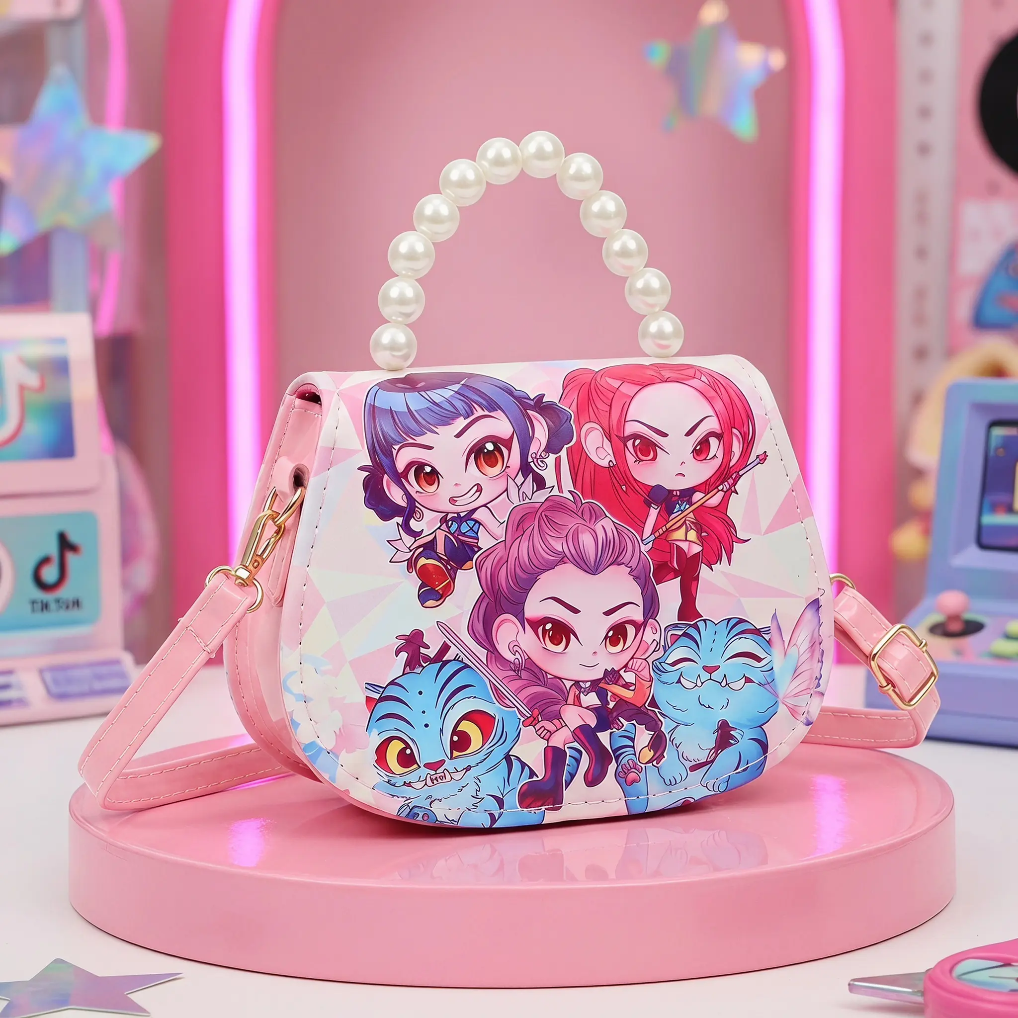 Girls' Cute Pearl-Handle Mini Gym Purse - Cartoon Fun Print, Secure, Comfortable for Children, Lightweight Shoulder Bag to Express Personality, Kids' Birthday Gift (Sports & Outdoor Accessory), Little Girls, Cute Design, Everyday Adventures, Female, Color