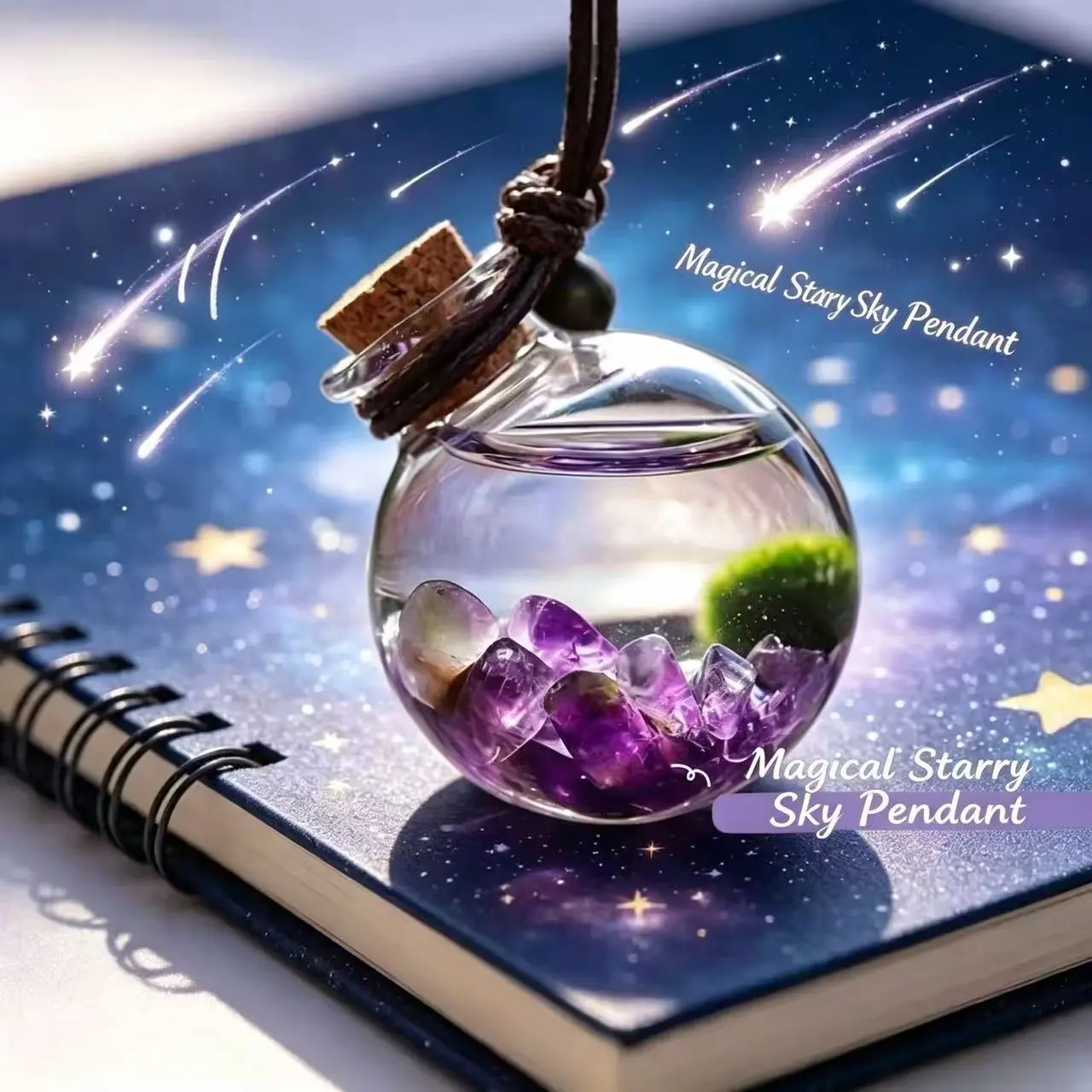 Enchanting Purple Live Marimo Pendant - A Mystical Aquarium Pet Decor & Portable Self-Sustaining Habitat (Includes LIVELY Moss Ball Pet)