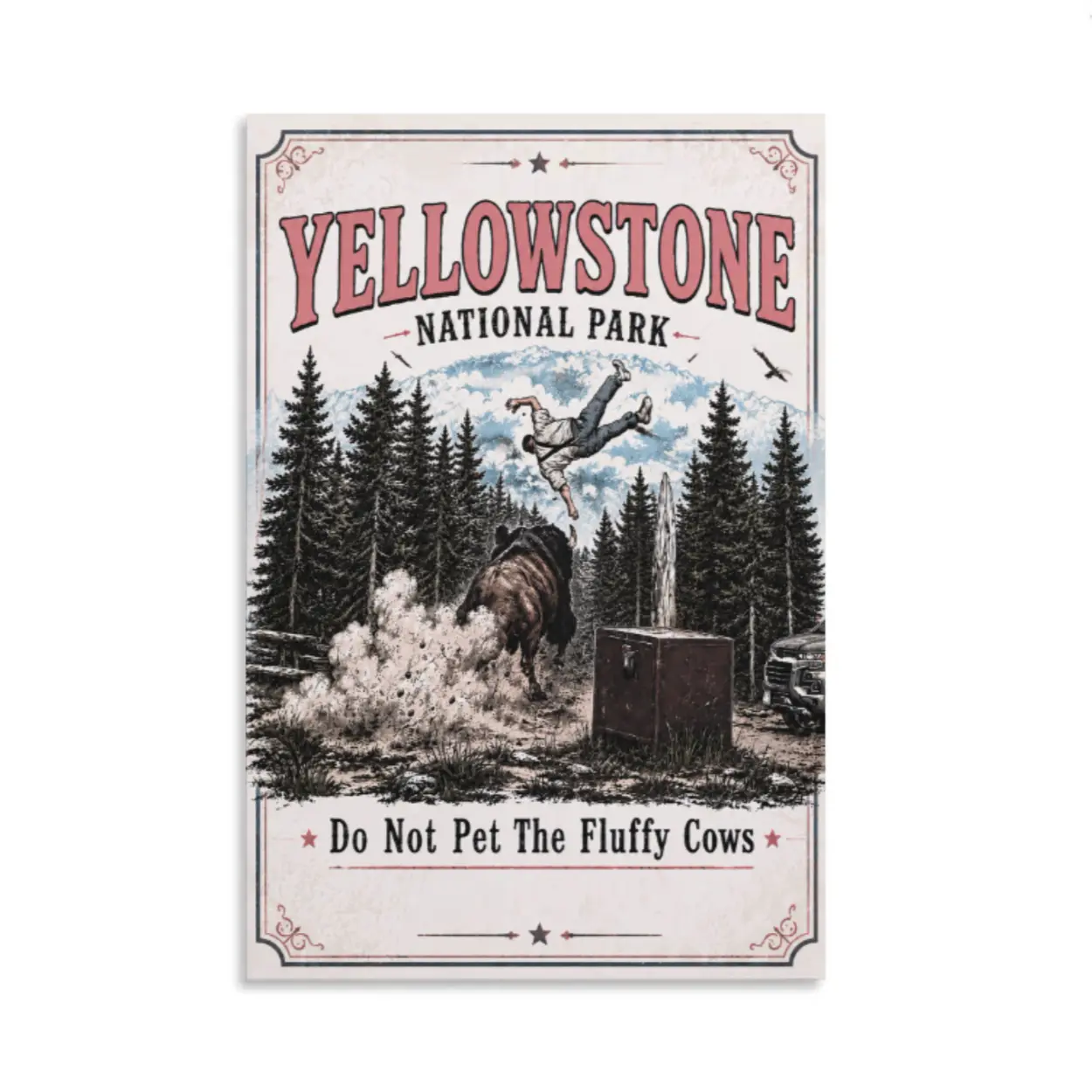 Yellowstone National Park Vintage Artistic Nature Poster - Funny Bison Unframed Retro Travel Print, Rustic Room Decoration for Outdoor Adventure Lovers