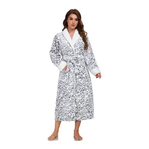RONGTAI Women's Plush Fleece Hooded Bathrobe with Pockets Leopard Print Long Sleeve Warm Robe for Relaxation S-5XL Collection