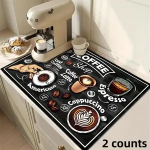 Coffee Pattern Kitchen Mat, 2 Counts Non-slip Kitchen Counter Utensil Drying Pad, Washable Anti Slip Drainage Pad for Kitchen Coffee Bar, Coasters, Coffee Table Mat