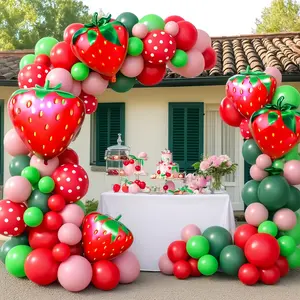 128pcs Strawberry Balloon Theme Garland Arch Kit With Printed Strawberry Foil Balls, White Polka Dots, Green, Red, Pink Balloons For Birthday Parties, Wedding Venues, Anniversary Decorations, Prom Decorations