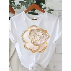 Women'S Elegant Floral T-Shirt |     Soft Pink & Golden Floral Pattern, Breathable, Casual & Party Top, Minimalist Design, Round Neckline, Comfortable Fit, Lightweight, Short Sleeve, Trendy Women'S Tee For Summer Outfits