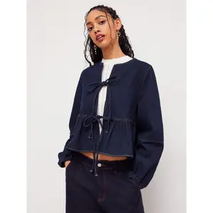 Cider [2 colors, size 0-10] Denim Round Neckline Tie Front Ruffle Hem Jacket
