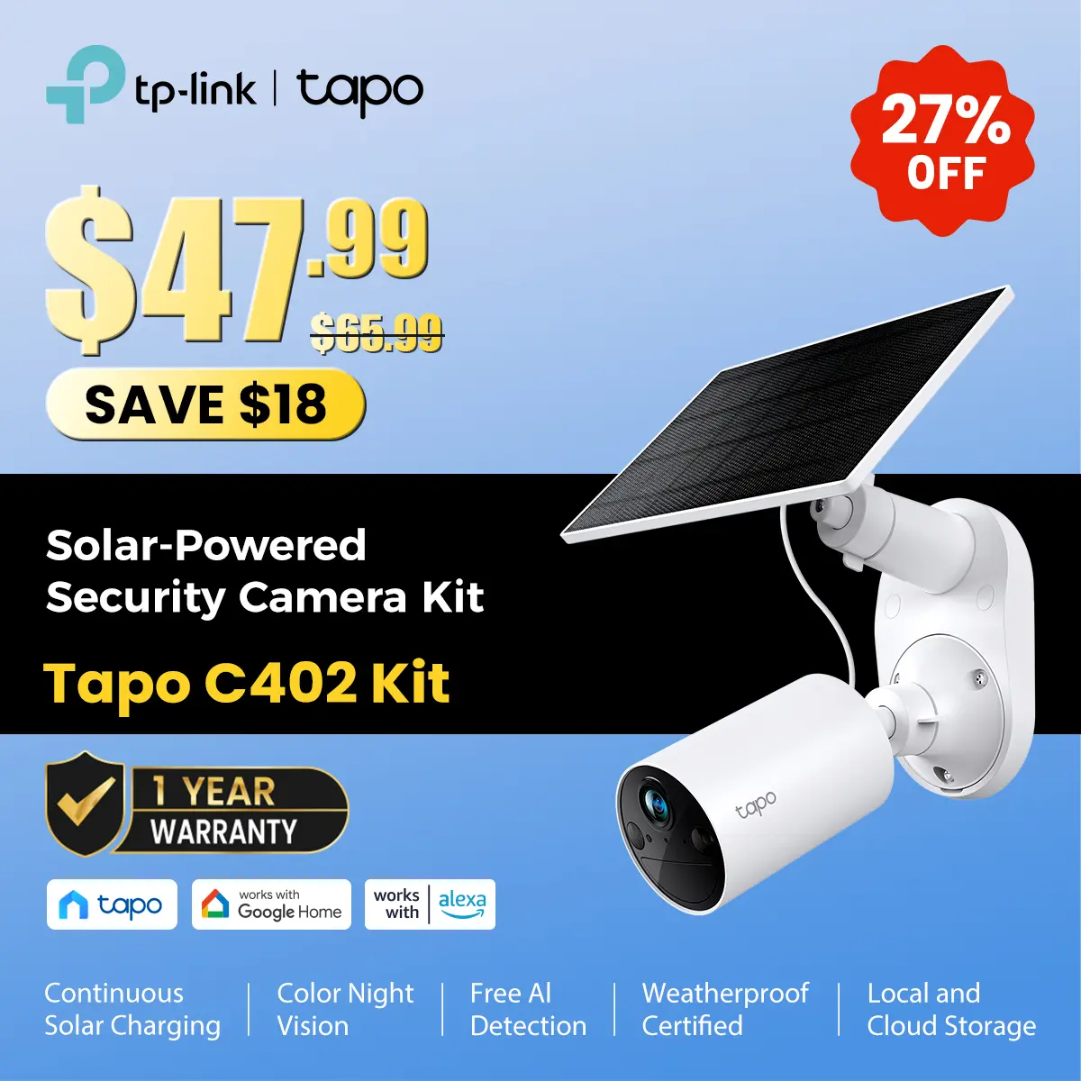TP-Link & Tapo C402 Kit Solar-Powered Outdoor Security Camera,180-Day Battery OR Forever Solar!  | 1080P Color Night Vision | Free Person Detection | No Hub Needed | Alexa & Google Compatible