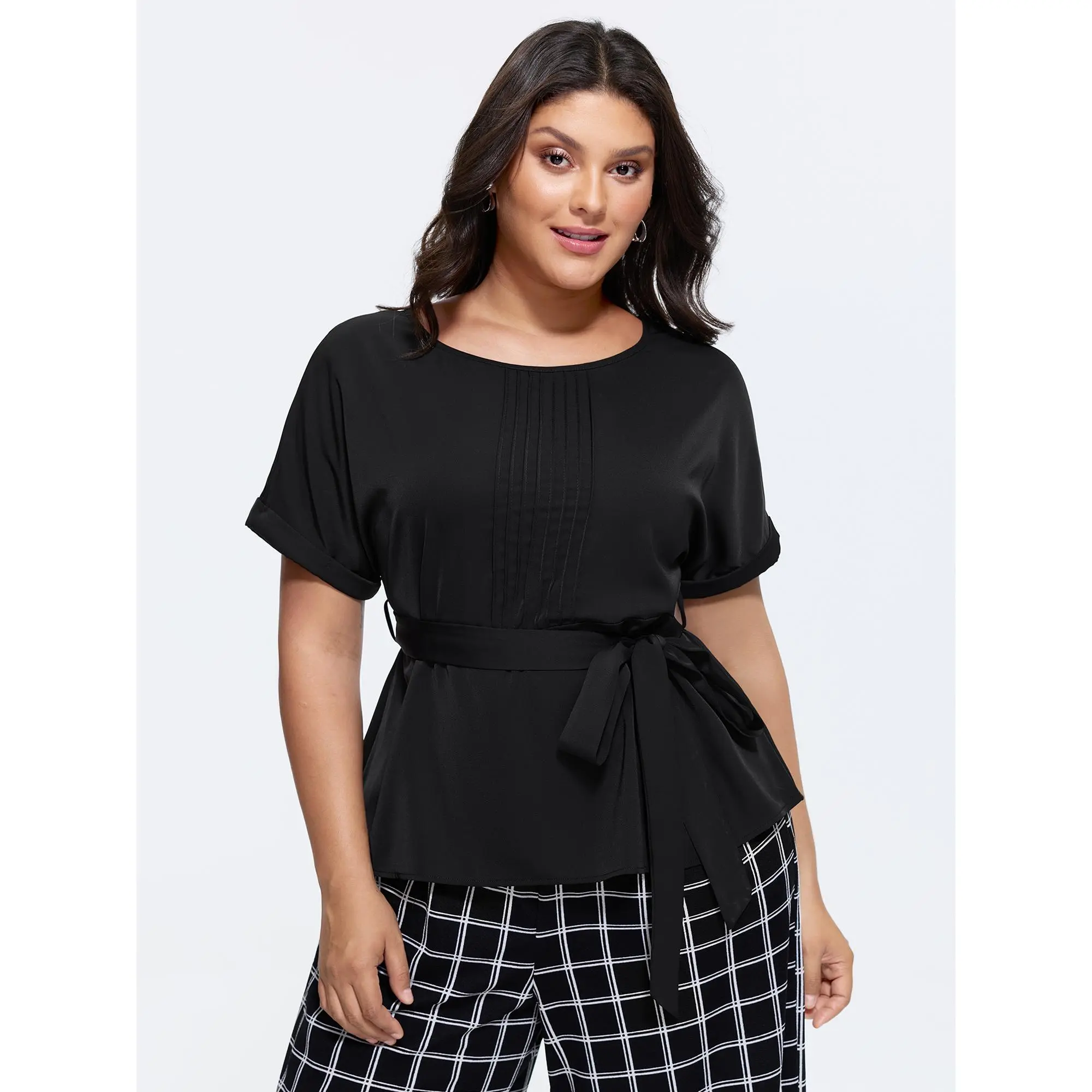 BloomChic Women's Plus Size Solid Dolman Tie-Waist Blouses, Smooth Round Neck Garment for Casual and Office Wear, Sleeve, Shirts, Polyester