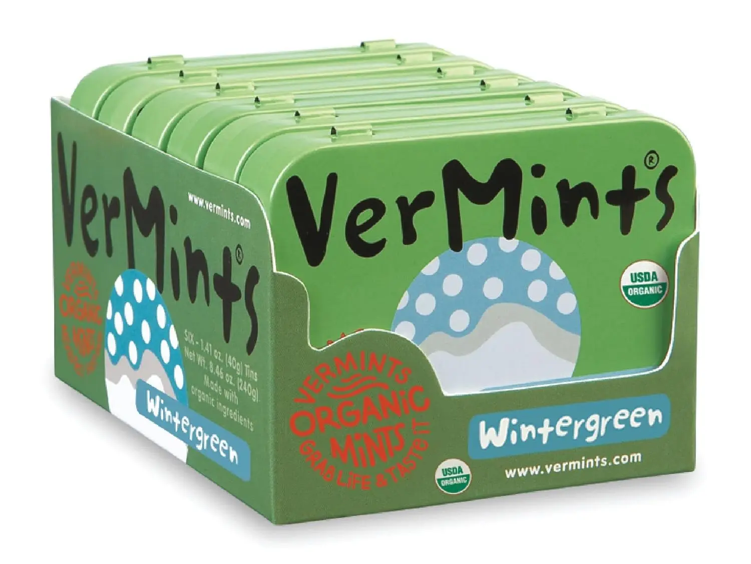 VerMints Organic Wintergreen Breath Mint Snack, 1.41oz Travel-Size Tins (Pack of 6) - Long-Lasting Refreshment, Non-GMO, Vegan, Nut-Free, Gluten-Free, Kosher Hard Candy