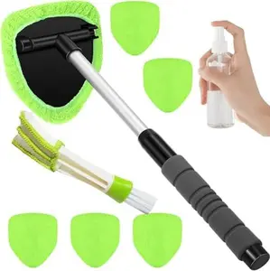 Windshield Cleaner Tool, Car Interior Window Detailing Cleaning Kit with Extendable Handle and 5 Easy-to-Install Reusable Microfiber Pads, Auto Glass Wiper Brush Kit for Car&Home, green, 21in