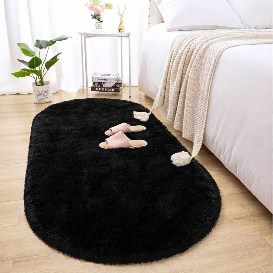 BOOPBEEP Oval Plush Soft Fluffy Rug - Modern Indoor Rugs for Living Room, Rugs For Bedroom, Game Room, Dorm, Sofa, Modern Home Decor, Carpet For Room Decor, bedroom acesories, Study And Entertainment Area - Creates Cozy Ambiance, fuze rug, Black rug