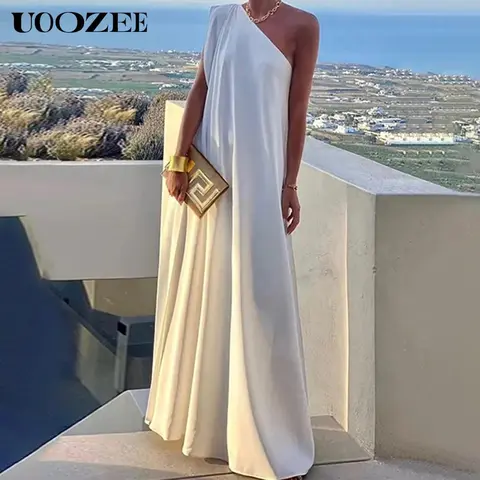 UOOZEE Women's 1-Shoulder Sleeveless Dacron Plain Maxi Dress - Stylish Women's Wear, Asymmetric Loose, Lightweight Flowy with Slit, Slightly Transparent White, Elegant for C Cup & Above, 2XL Going Out Outfit, Wedding Guest Holiday Wear, Dress For Wedding