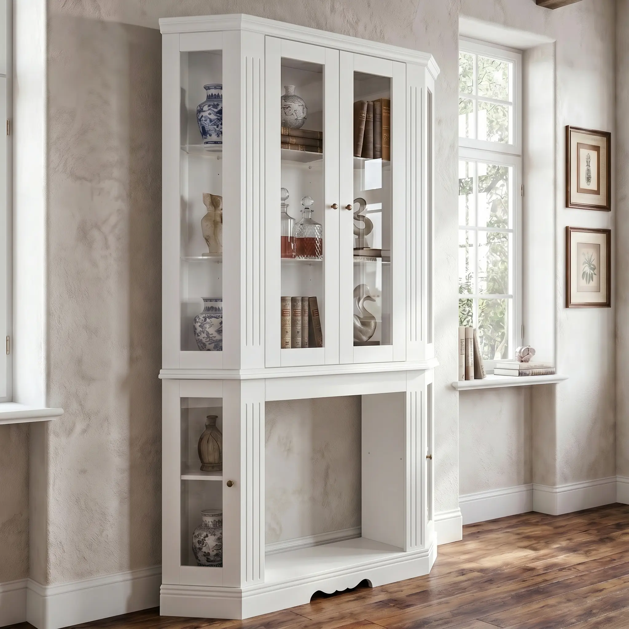 FUFU&GAGA 76.9" White Farmhouse Fireplace Display Cabinet - Tempered Glass Doors, 23.6" Insert Electric Fireplace, Corner Curio Bookcase with Adjustable Shelves