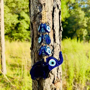 Wall Hanging Macrame Evil Eye Nazar Boncuk Mal De Ojo, Modern Boho Style Home Decor -- Elephant Amulet with 6 Evil Eyes, Housewarming Gift