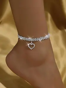 Summer Women's Sparkling Rhinestone Silver Color Heart Anklet, Diamond and Hollow Heart Design, Cubic Zirconia, Valentine's Gift, Beach Jewelry, Fashion Accessories, Glamour