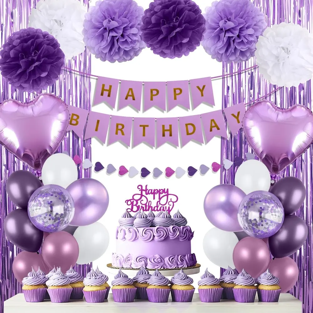 Women's Purple Birthday Party Supplies Kit - Festive Decor Items: Banner, Balloons, 1pcs Balloon Garland Strip, Foil Fringe Curtains, 6pcs Tissue Paper Pompoms, Heart Garland, 1pcs Cake Topper, 1pcs Ribbon, Eye, Dusty Purple