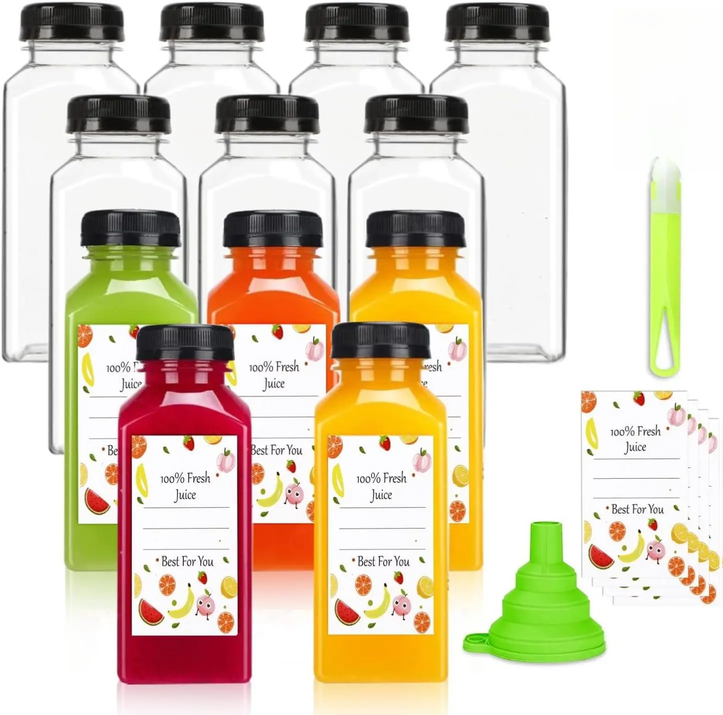 Premium Quality Plastic Juice Bottles with Caps 12pcs - 12oz Reusable Containers with Tamper Proof Lids Black Clear Bottles for Juicing Milk Smoothie Drinking & Other Beverages Christmas Gifts Organiser Canister
