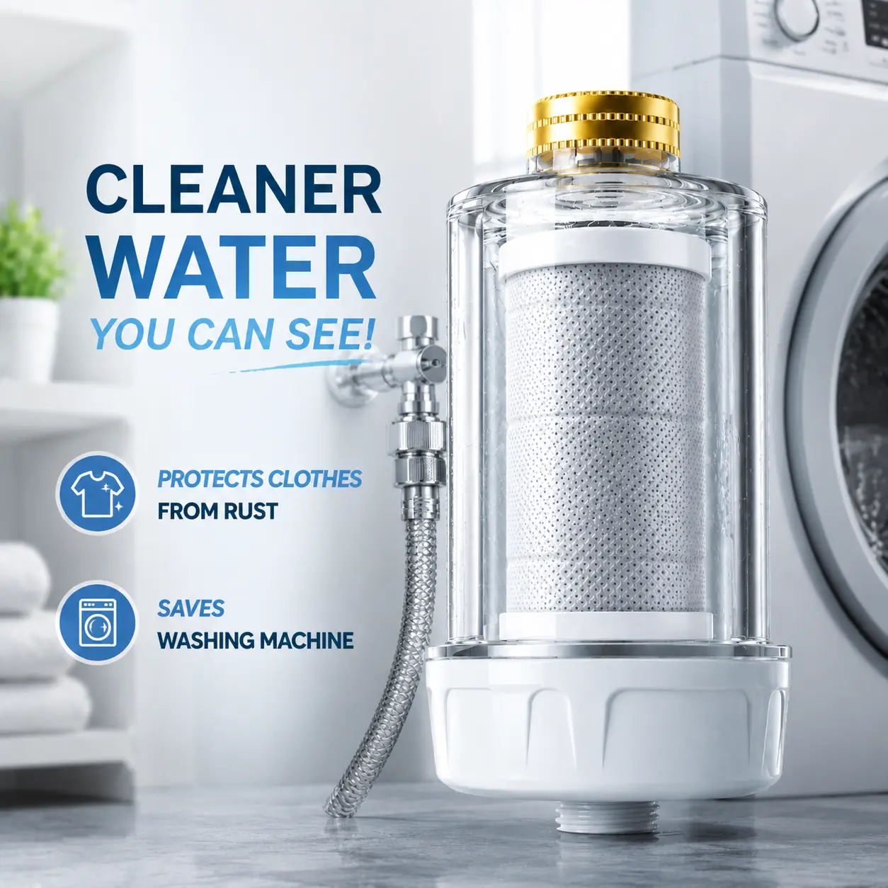 Transparent Inline Water Filter for Shower & Washing Machine – Removes Chlorine, Rust & Sediment, Protects Clothes（Adapter not included）