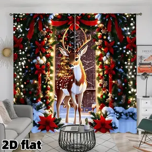 2D Flat 2Pcs Christmas Deer Pattern Curtains Holiday Theme Window Drapes Red Poinsettia Flowers Snow Scene Printed Rod Pocket Design Premium Polyester Home Living Room Bedroom Semi Sunshade Decorative Treatment Home Decoration Curtain