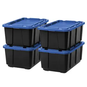 IRIS 27gal Stackable Storage Totes with Lids Black Blue 4pk