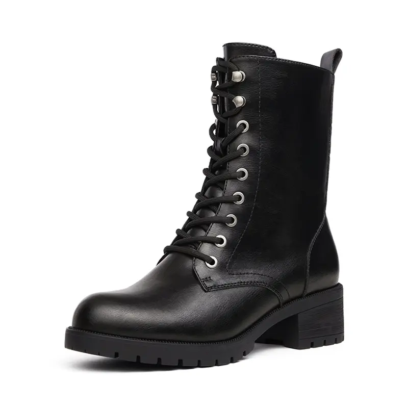 Dream Pairs Women's Classic Chunky Combat Boots, Mid-Calf PU Leather Walking Shoes with 2" Block Heel and Side Zipper, Daily Wear Footwear