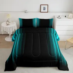 Feelyou 3D Geometric Abstract Ombre Comforter Set - Teal and Black Striped Microfiber Decorative Bedding Set for Modern Fashion Bedroom Decor