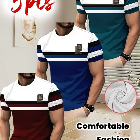 3-Pcs Set of Men's Comfy Crew Neck Casual Striped R Logo Print Color-Blocking T-Shirts and Versatile Short Sleeve Tops, Menswear
