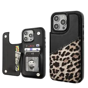 Stylish Leopard print Pattern Phone Cases Compatible For With iphone 17 16 15 14 13 12 PRO PLUS MAX AIR PU Black Brown Pink Durable Flip High quality Leather Credit Card Bag Holder Mother Gift Wallet Shockproof Anti-Drop Full Protection Shell Cover