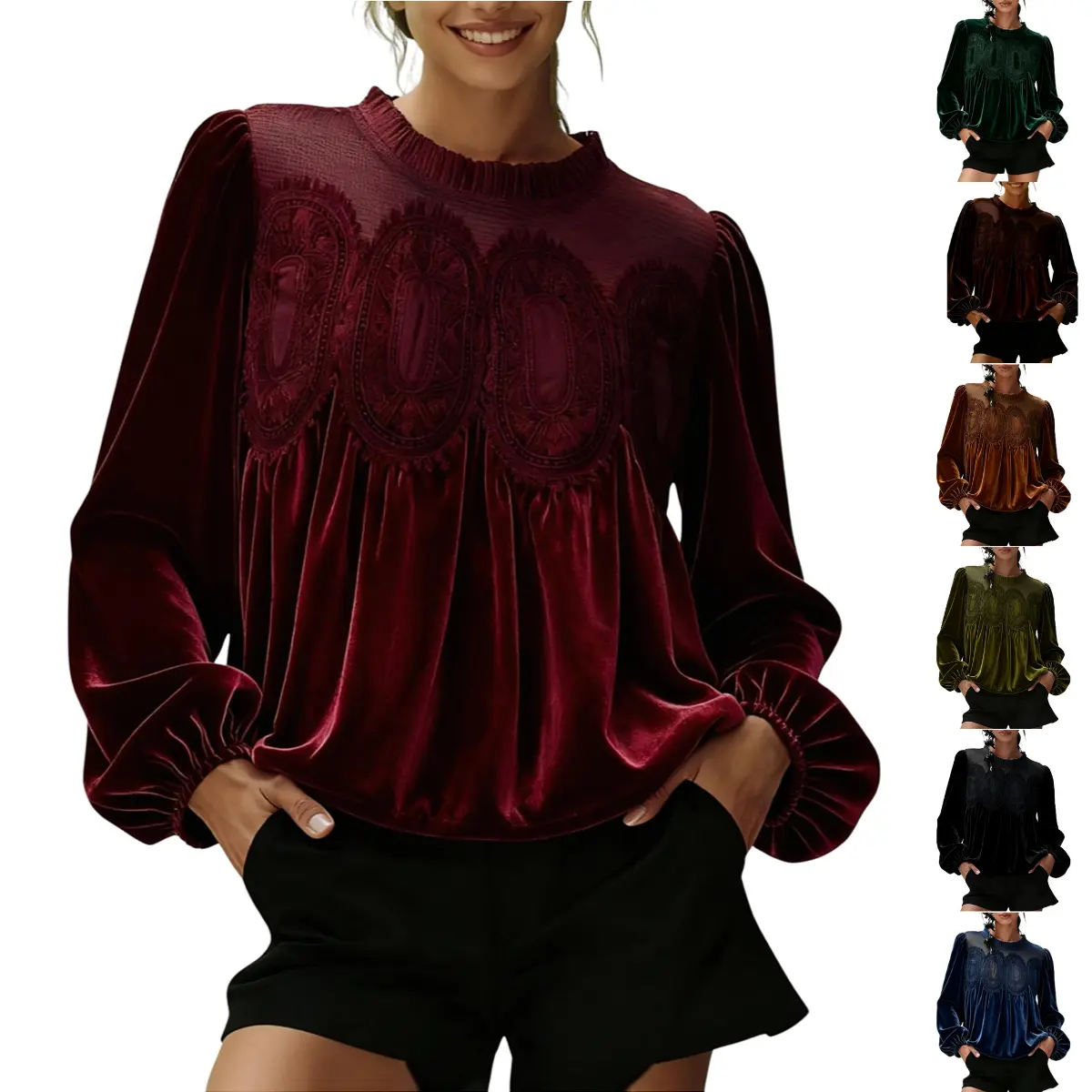 Yeokou Women's Elegant Bohemian Blouse with Velvet Lace Trim- Long Sleeve Crew Neck Flared Swing Top for Formal Party & Office, Round Neck, Machine Wash, Easter, Evening, Fashion, Outdoors, Thanksgiving, Vintage, Chinese New Year, Wedding, Retro