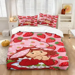 Sweet Strawberry Duvet Cover Set, Including 1 Duvet Cover & 1-2 Pillowcases, Sweet Strawberry Shortcake & Cartoon Girl Pattern, Soft Comfortable, Washable Covers, Ideal for Girls Room Decor, Cartoon Lover Bedroom Decor Gifts
