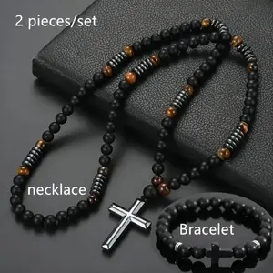 BloomWish S 2pcs Bohemian Style Cross Pendant Necklaces for Men & Women - Matte Black & Tiger Eye Stones, Natural Stone Beads, Versatile for Daily Wear & Formal Events, Versatile Jewelry, Avant-Garde Necklace, Intricate Beadwork