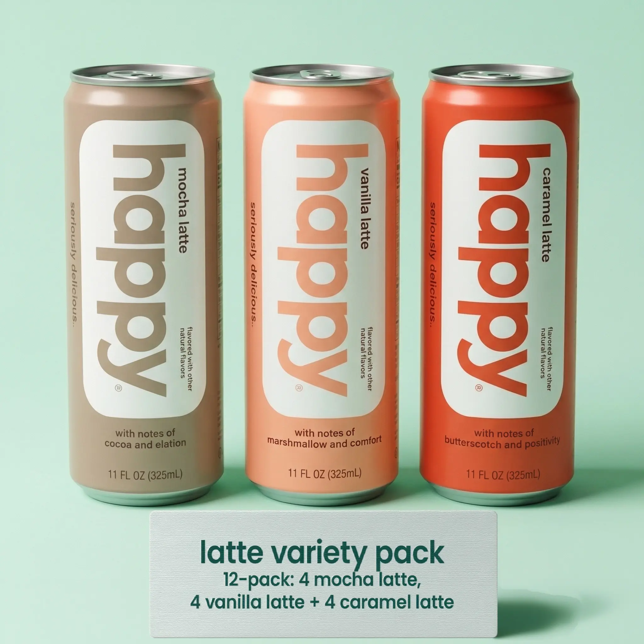 Happy Coffee Latte Variety Pack - 12 count x 11 oz each - Vanilla Latte, Caramel Latte, & Chocolatey Chip Cookie Cookie Latte Collab with Tates Bakeshop