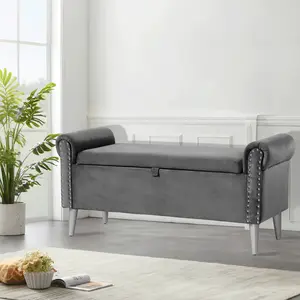 Gray Storage Bench for Bedroom End of Bed, 47" Long Velvet Upholstered Storage Ottoman Bench With Rolled Arm & Nailhead Trim for Living Room Entryway