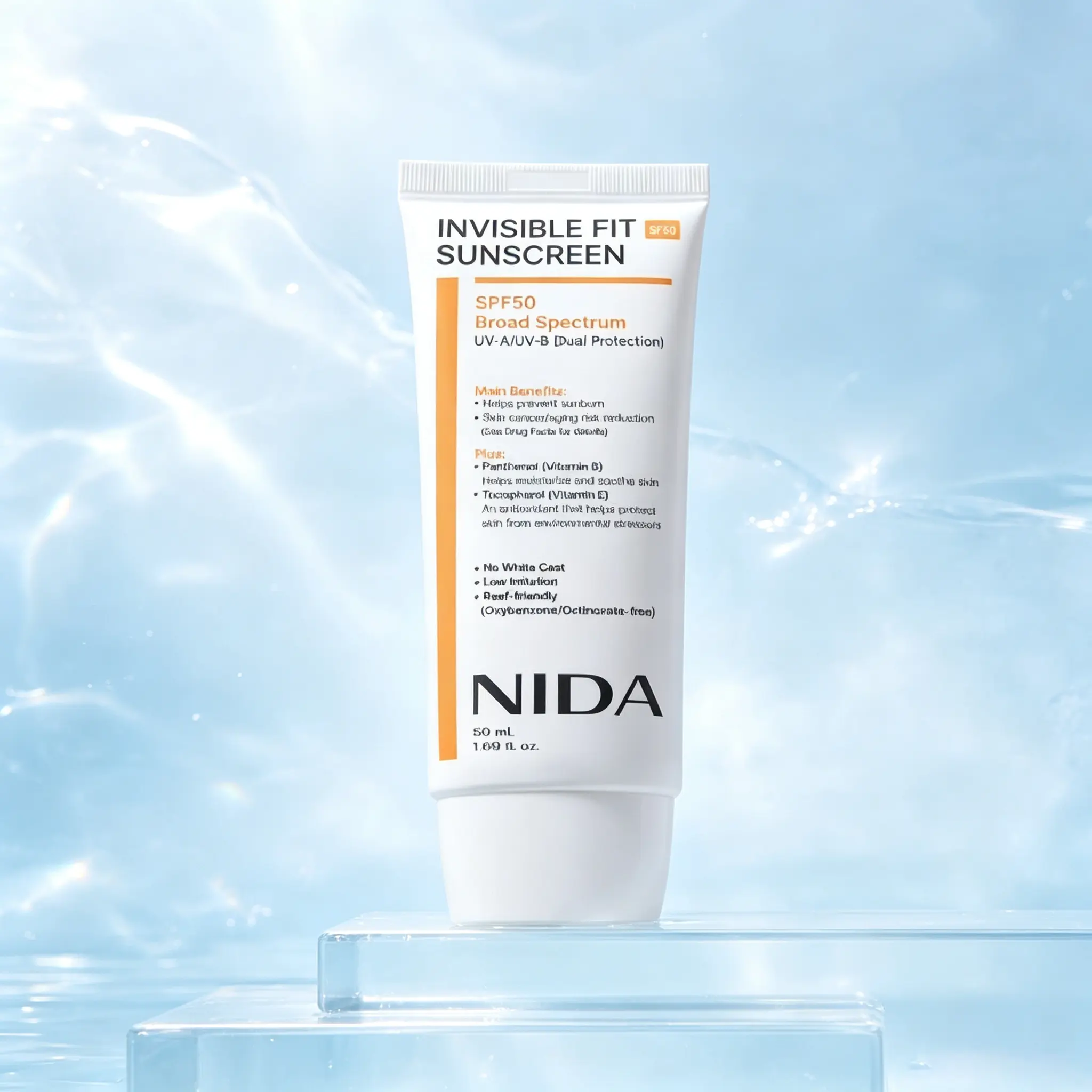 NIDA Invisible Fit Lightweight SPF Facial Sunscreen, Non‑Greasy Invisible Finish Daily Face Sun Care, Gentle Sun Protection Specially Formulated for Sensitive Facial Skin
