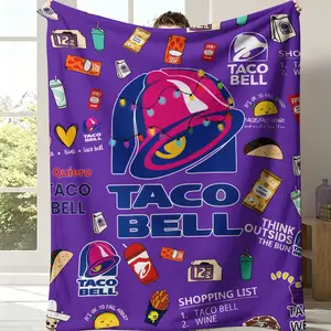 Taco Bell Doodle Pattern Throw Blanket - Bright Purple, Cute Logo & Menu-Item Prints, Cozy Soft with Tacos, Burritos, Soda Cups, Sauce Packets & Fun Phrases, Ideal Gift for Fast-Food Lovers, Home Decor