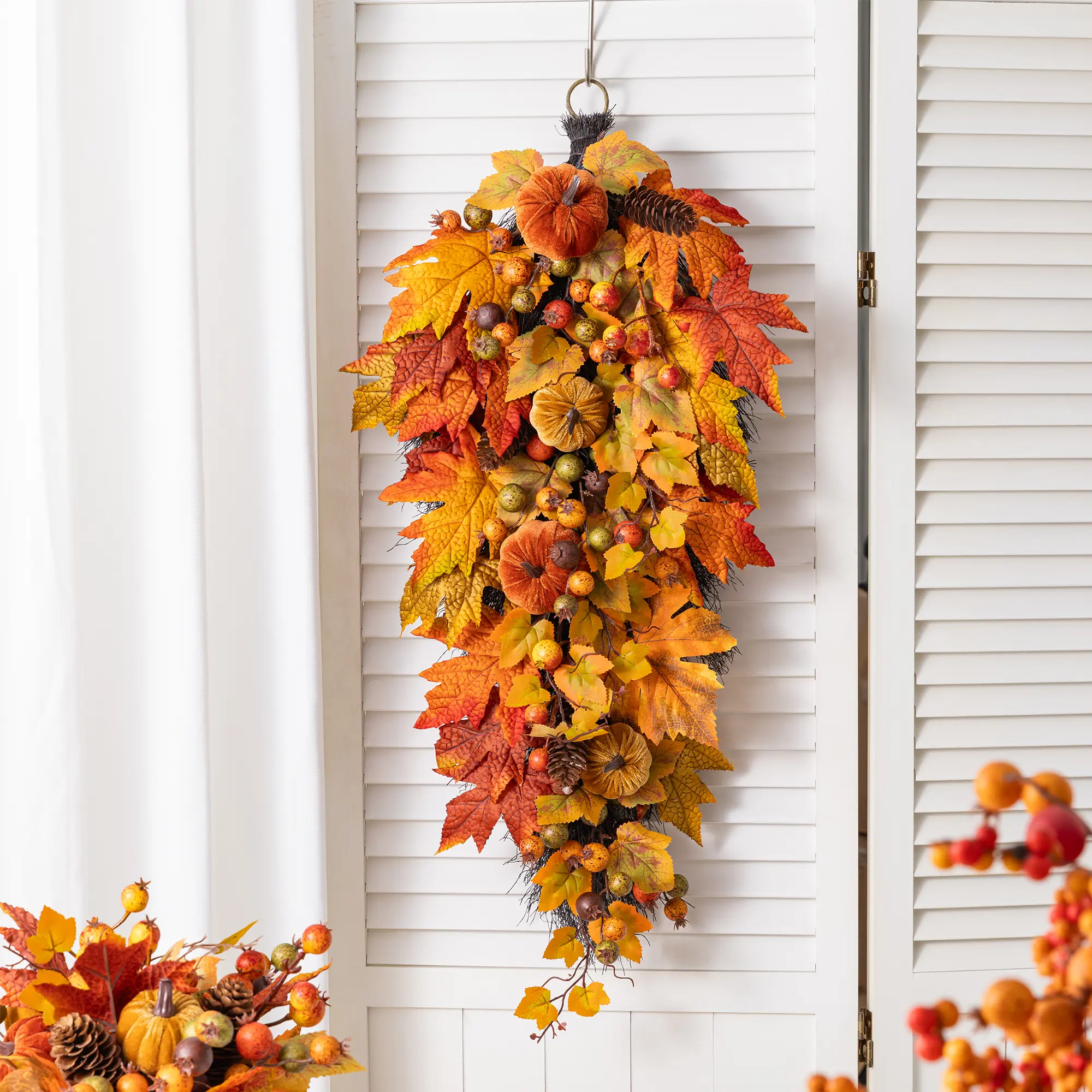 Glitzhome 28"H Handmade Rustic Fall Velvet Pumpkin Ornament - Artificial Mixed Floral & Fruit Arrangement with Pinecone, Berry Teardrop for Door, Wall Hanging Home Decor, Flowers