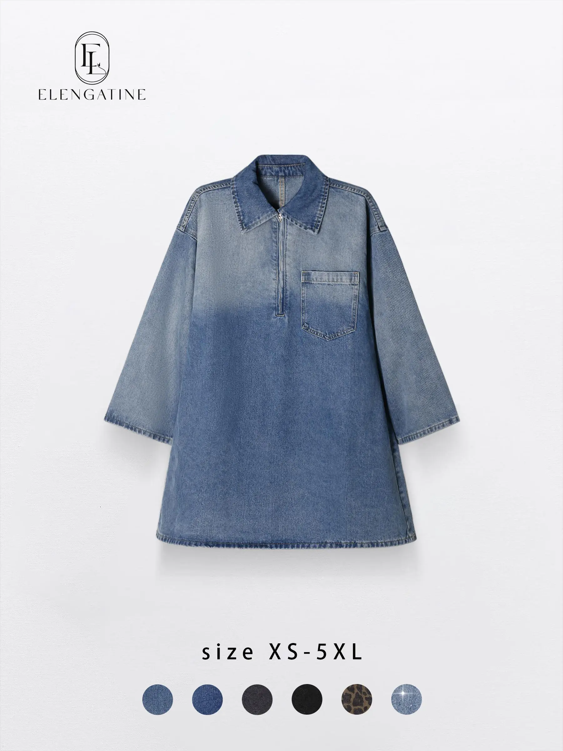 Women's Collared Vintage Washed Cotton-Polyester Half-Zip Long-Sleeve Elongated Plus Size Denim Dress - Curvy Dresses Plus Size, Loose Oversized Fit, Comfortable Basic Casual Wear, Spring Streetwear Going Out Piece (XS-5XL)