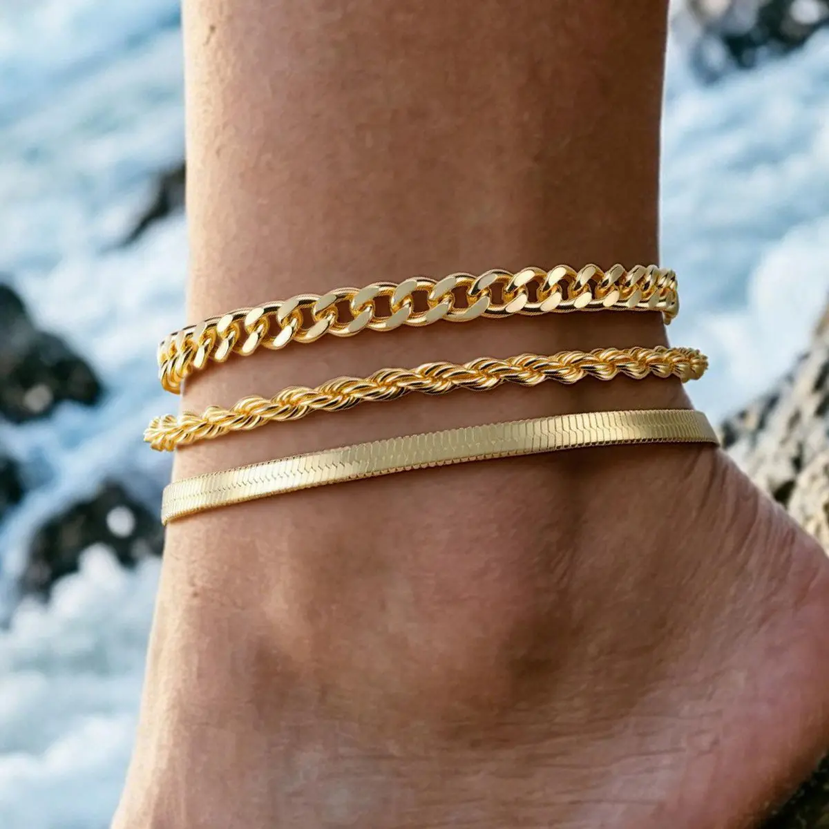 3PCS Gold Silver Stainless Steel Ankle Bracelets for Women,14K Gold Plated Anklets for Women,Waterproof Cuban Link Chain Snake Chain Anklets Set,Dainty Layered Anklet Bracelets for Women Summer Beach Foot Jewelry Gift