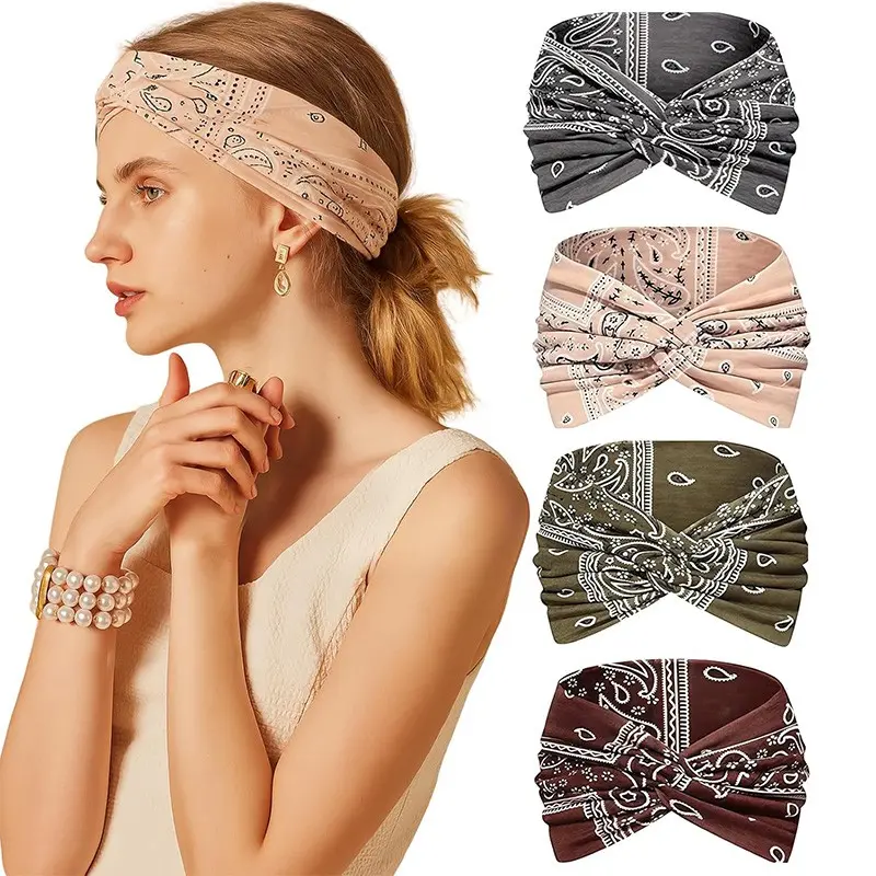 4-piece women's headband, fashionable elastic Bohemian style printed cashew cross workout headband, vintage headband suitable for makeup, sports, yoga, and SPA gifts, Elastic Fashion Headbands