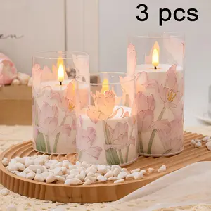 3pcs Electronic Candle with Iris Patched Cup, LED Smokeless Romantic Candle Light, Flameless Candles Lamp for Weddings, Parties, Holidays