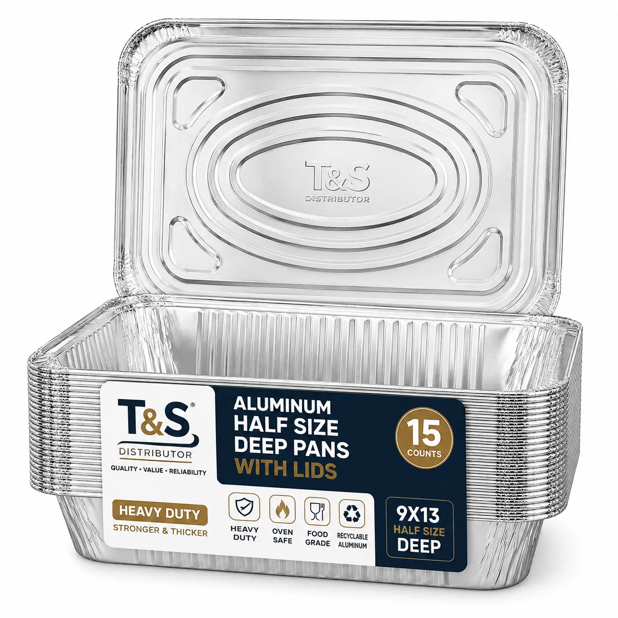 Disposable Aluminum Foil Square Half-Size Deep Heavy-Duty Trays with Lids, 30-Piece Set (15 Trays + 15 Lids), Freezer-Safe Kitchen Pan Cookware