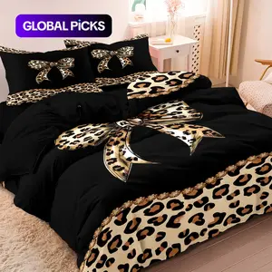 Leopard Print Bowknot Digital Print Bedding Set, 3 Piece (1 Fitted Sheet + 2 Pillowcases), Polyester Fiber 9g, No Blanket Included, Bed Sheet Sets #GLOBAL PICKS