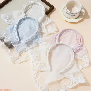 Women's 4-Piece Solid Color Fabric Mesh Embroidered Lace-Trimmed Triangular Scarves - Female Casual Fashion Hair Accessories for Bangs Fixing, Vacation Travel